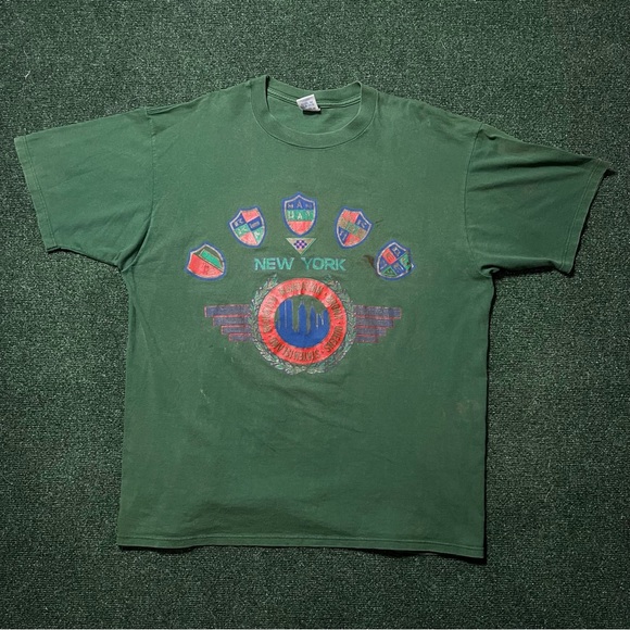 Vintage 90s New York Boroughs Tourist Collegiate Green T Shirt Size XL 24X30 - Picture 1 of 13